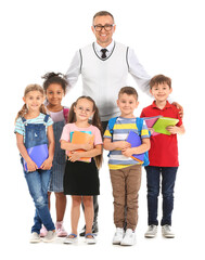 Little children with teacher on white background