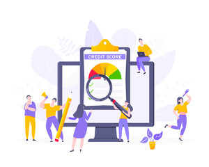 Credit score report with arrow gauge speedometer indicator with color levels on giant clipboard. Measurement from poor to excellent rating with tiny people working together vector illustration.