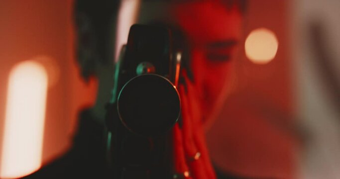 Caucasian woman smiling and filming 