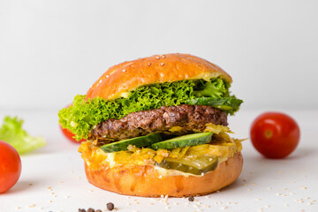 Tasty fresh burger on table