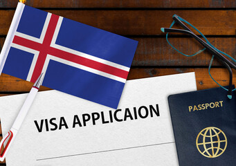 Flag of Iceland, visa application form and passport on table