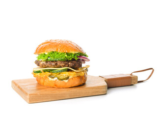 Wooden board with tasty burger on white background