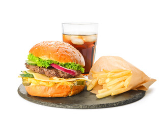 Board with tasty burger, french fries and cola drink on white background