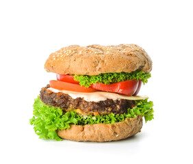 Tasty fresh burger on white background
