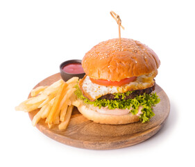 Tray with tasty burger, sauce and french fries on white background
