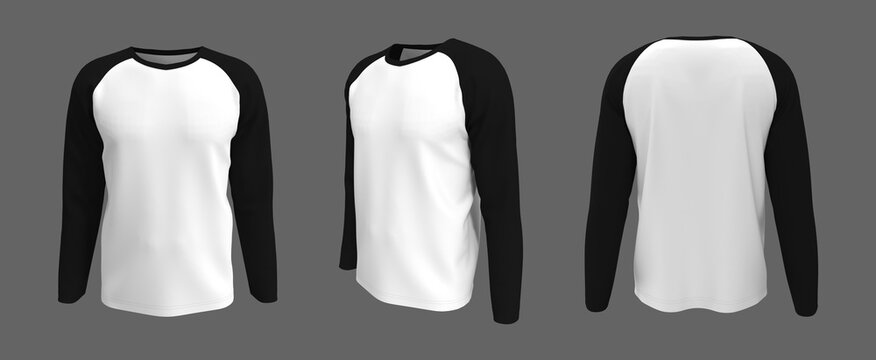 men's long-sleeve raglan t-shirt mockup in front, side and back views,  design presentation for print, 3d illustration, 3d rendering Stock  Illustration | Adobe Stock
