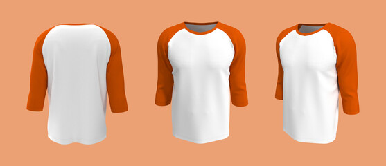 men's half-sleeve raglan t-shirt mockup in front, side and back views, design presentation for print, 3d illustration, 3d rendering