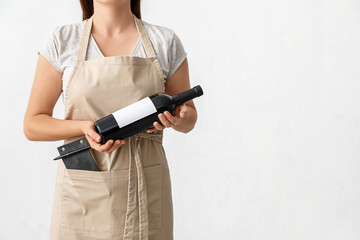 Female waiter wearing apron with bottle of wine on white background