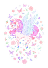 Obraz na płótnie Canvas Cute flying pink unicorn with wings surrounded with flowers and butterflies. Vector illustration.