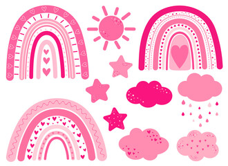 Fototapeta na wymiar Rainbow Valentine's Day hearts pink clouds stars vector illustration