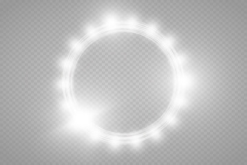 Abstract luxury white vector light flare semicircle and spark light effect. Sparkling glowing round frame on transparent. Starlight moving background. Glow blurred space for message or logo