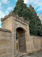 Authentic transition with historical stone engraving. The tree and the sky are clear.