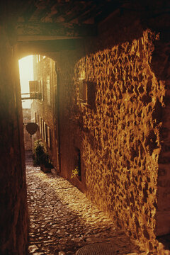 Narrow street in a town, Antibes, Provence-Alpes-Cote d'Azur, France