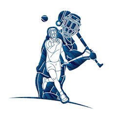 Group of Hurling Sport Players Action. Irish Hurley Sport Cartoon Graphic Vector.