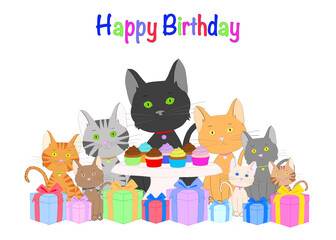 Illustration drawing of seven diverse tabby kittens looking directly at viewer sitting behind colorful present boxes with bows next to table with variety of cupcakes. Happy Birthday text above.