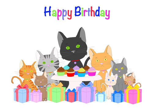 Illustration drawing of seven diverse tabby kittens looking directly at viewer sitting behind colorful present boxes with bows next to table with variety of cupcakes. Happy Birthday text above.