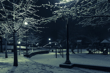 View at Willamette river in winter night. Riverfront park in Salem Oregon