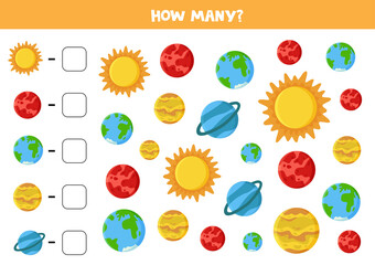 Counting game with cute cartoon planets. Math worksheet. I spy.