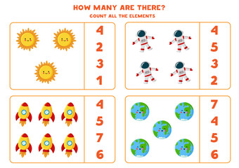 Counting game with cute cartoon Sun, astronaut, rocket and earth. Math worksheet.