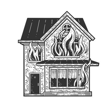 Fire in house sketch engraving vector illustration. T-shirt apparel print design. Scratch board imitation. Black and white hand drawn image.