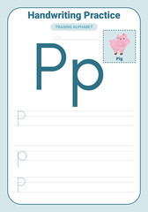 Alphabet tracing practice Letter P. Tracing practice worksheet. Learning alphabet activity page.