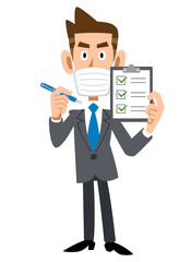 チェックリストを持つマスクを着用したビジネスマン
