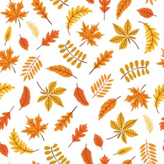 Vector seamless pattern with autumn leaves. Bright repeated texture for fall season. Wrapping paper. Fall background