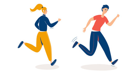 Happy man and woman running together in bright sports clothes. Sport activity, healthy lifestyle. Flat vector cartoon illustration isolated on white.