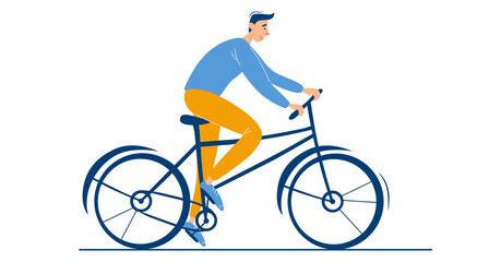 Fototapeta premium Young happy guy rides a bike. Male character alone. Summer or spring biking activity outdoor. Stylish guy on bicycle flat vector illustration on white background.