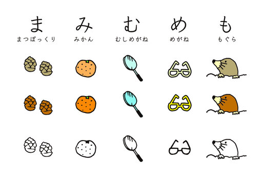 かわいい　ほっこり　イラスト素材　ひらがな　イラスト　まみむめも　松ぼっくり　まつぼっくり　みかん　ミカン　蜜柑　虫眼鏡　虫メガネ　虫めがね　もぐら　モグラ　カラフル　ポップ　セット　カタカナ　文字　日本語　アイコン　白背景　絵本　グラフィック素材