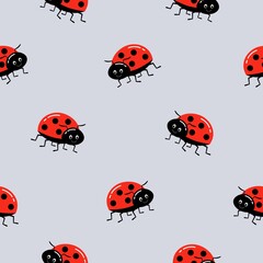 Fototapeta premium Seamless background with ladybug. Vector illustration on gray. Pattern with beetles for tissue, paper, prints and other.