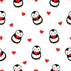 Seamless Pattern with Cute Cartoon Penguin and Heart Design on White Background