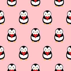 seamless pattern texture of penguin and heart on pink background.
