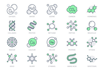 Molecule line icons. Vector illustration included icon amino acid, peptide, hormone, protein, collagen, ozone, O2 chemical formula outline pictogram for chemistry. Green Color Editable Stroke