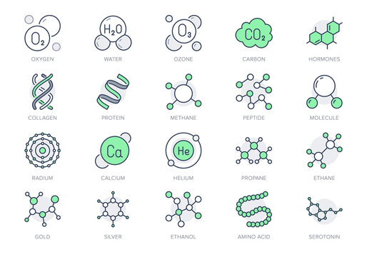Molecule line icons. Vector illustration included icon amino acid, peptide, hormone, protein, collagen, ozone, O2 chemical formula outline pictogram for chemistry. Green Color Editable Stroke