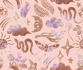 Seamless pattern with mystical and magic symbols. Stock illustration with snake, sun, moon, crystal, stars and rose