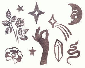 A set of magic symbols. Moon, stars, hand, crystal, rose and snake