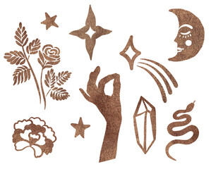A set of magic symbols. Moon, stars, hand, crystal, rose and snake