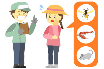 害虫駆除の相談をする主婦　感染対策ver
