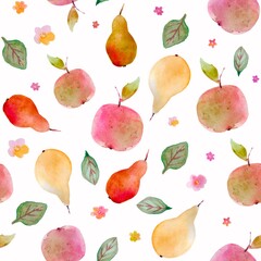 Seamless watercolor fruit pattern with pears, watermelon, apples, grape, cherry. Summertime juice mood. Watercolor technique. Good for gift paper, coctail menu, textiles