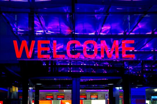 Welcome Sign At An Airport, Heathrow Airport, London, England