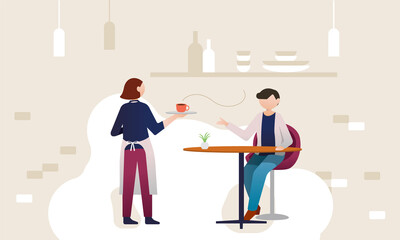 カフェでコーヒーブレイクを楽しむ若い男性,コーヒーを運ぶ女性のカフェ店員
