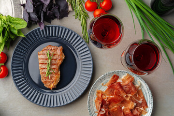 Grilled beef steak served on blue plate