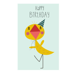Cute card with cartoon funny chicken.Happy birthday