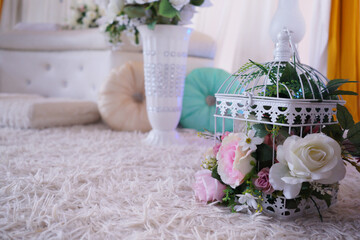 Asian wedding decorations on the couch. Pretty attractive decor