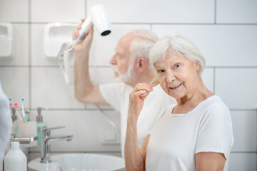Obraz na płótnie Canvas Elderly couple doing hair together in the bathroom