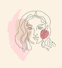 Beautiful girl. Continuous line drawing. Vector hand drawn artwork. Creative freehand style. Hugge home, house decor. Trendy 50s, 60s retro, vintage. Spa salon logo, label. Beige, black, pink, colors