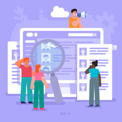 Hire, vacancy, search for new employee. Group of people stand near big screen with employee resume. Modern vector illustration