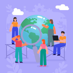 Earth day, save planet, ecological responsibility. Group of people stand near earth globe. Modern vector illustration