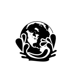 Water splash icon with globe isolated on white background